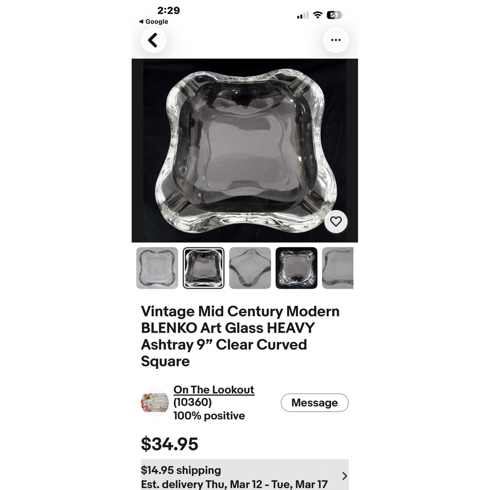 Vintage Blenko Art Glass‎ Heavy Clear Square Ashtray 9 In Mid Century Modern MCM